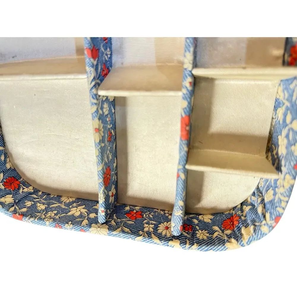 Vintage Floral Fabric Jewelry Organizer Tray Blue Red Vanity Storage Display Box